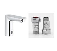 GROHE Eurosmart CE Infra-Red Electronic Basin Tap (Touchless Sensor Faucet for Cold/Premixed Water, 7 Pre-Set Programs, 6V Lithium Battery Type CR-P2), Chrome, 36271000 & UK Tap Adaptors 129473