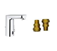 GROHE Eurosmart CE & UK Adaptors - Touchless Basin Mixer Tap with Infrared Sensor & Pop-Up Waste (Water Saving Tech., Battery Powered, 7 Pre-Set Programs, Tails 3/8 Inch), Size 132mm, Chrome, 36331001