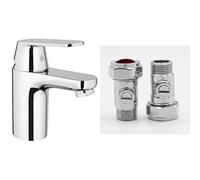 GROHE Eurosmart Cosmopolitan - Basin Smooth Body Mixer Tap (Monobloc Installation, Metal Lever, 35 mm Ceramic Cartridge, Durable Sparkling Sheen), Size 148mm, Chrome, 32824000 & UK Tap Adaptors 129473