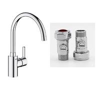 GROHE Feel - Kitchen Mixer Tap (Monobloc Installation, Single Leaver, High C-Spout, Selectable Swivel Range 0° / 150°, 35 mm Ceramic Cartridge), Size 354 mm, Chrome, 32670002 & UK Tap Adaptors 129473