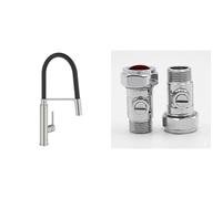 GROHE Feel Professional Kitchen Sink Mixer Tap (High Spout, 360° Swivel Range, 2 Spray, 28 mm Ceramic Cartridge, Magnetic Docking, QuickMount Included), Supersteel, 31489DC0 & UK Tap Adaptors 129473
