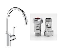 GROHE Get - 1 Lever Kitchen Mixer Tap (High C-Spout Size 353mm, Selectable Swivel Range, Ceramic Cartridge 35mm, Easy to Install with QuickMount), Chrome, 31494001 & UK Tap Adaptors 129473