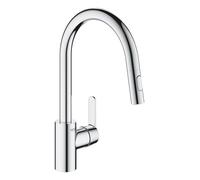 GROHE Get - Kitchen Sink Pull-Out Mixer Tap (2 Spray Options, High Spout, 360° Swivel Range, 35mm Ceramic Cartridge, Smooth Docking, Tails 3/8 Inch, QuickMount Included), Size 381mm, Chrome, 31484001