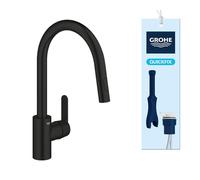 GROHE Get - Kitchen Sink Pull-Out Mixer Tap (2 Spray Options, High Spout 381mm, 360° Swivel Range, 35mm Ceramic Cartridge, Smooth Docking, Tails 3/8 Inch, QuickMount Included), Matt Black, 314842431