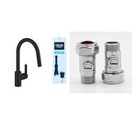 GROHE Get - Kitchen Sink Pull-Out Mixer Tap (2 Sprays, High Spout 381mm, 360° Swivel Range, 35mm Ceramic Cartridge, Smooth Docking, QuickMount Included), Matt Black, 314842431 & UK Tap Adaptors 129473