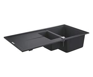 GROHE K400 - Quartz Composite Kitchen Sink with Drainer (Reversible Top Mount, Overflow and Automatic Waste Fitting, 1 Bowl 335x420x2.05mm, 0.5 Bowl 155x295x146mm), 100x50 cm, Granite Black, 31642AP0