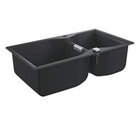 GROHE K700 - Quartz Composite Double Kitchen Sink (Top Mount, Overflow and Automatic Waste Fitting with Rotary Handle, 1 Bowl 465x443x230 mm, 2 Bowl 315x443x230 mm), 90 x 50 cm Granite Black, 31658AP0