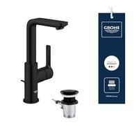 GROHE Lineare Single-Lever Basin Mixer Tap with Pop-Up Waste (L-Size 252mm, High Swivel Spout, 28mm Ceramic Cartridge, Water Saving Mousseur 5 l/min, Tails 3/8 Inch), Matt Black, 232962431