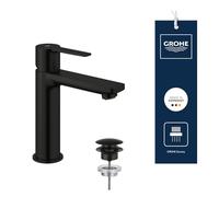 GROHE Lineare - Smooth Body Basin Mixer Tap with Push-Open Pop-Up Waste (High Spout, Metal Lever, 28 mm Ceramic Cartridge, Water Saving Tech, Tails 3/8 Inch), Size 18 cm, Matt Black, 231062431
