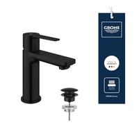 GROHE Lineare Smooth Body Basin Mixer Tap with Push-Open Waste Set (Deck Mounted, XS-Size 155 mm, 28 mm Ceramic Cartridge, Water Saving, 3/8 Inch Tails), Matt Black, 237912431