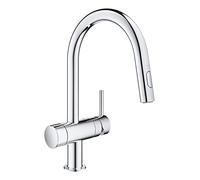 GROHE Minta - 1 Lever Kitchen Sink Pull Out Dual Spray Mixer Tap with Integrated Stop Valve (High C-Spout, 90° Swivel Area, 46 mm Ceramic Cartridge, Tails 3/8 Inch), Size 379 mm, Chrome, 31916000