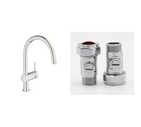 GROHE Minta Kitchen Mixer Pull-Out Tap (C-Spout, 360° Swivel Range, 46 mm Ceramic Cartridge), Supersteel, 32918DC0 & UK Tap Adaptors 129473