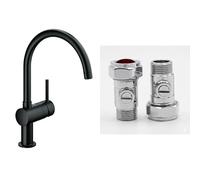 GROHE Minta - Kitchen Sink Mixer Tap (High C-Spout, Selectable Swivel Spout, 46 mm Ceramic Cartridge, Monobloc Rapid Installation System), Size 356 mm, Velvet Black, 32917KS0 & UK Tap Adaptors 129473
