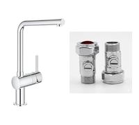 GROHE Minta - Kitchen Sink Mixer Tap (Monobloc Installation, Single Leaver, L-Spout, Swivel Range 0°/150°/360°, 46 mm Ceramic Cartridge), Size 332mm, Chrome, 31375000 & UK Tap Adaptors 129473