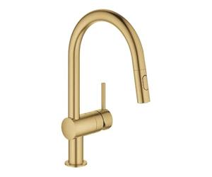 GROHE Minta Kitchen Sink Pull Out Dual Spray Mixer Tap, High Swivel C-Spout Size 379 mm, 46 mm Ceramic Cartridge, Smooth Docking Back to the Starting Position, Tails 3/8 Inch, Brushed Gold, 32321GN2