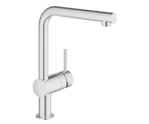 GROHE Minta - Kitchen Sink Tap with Pull-Out Function (Deck Mounted, Monobloc Installation, 328 mm L-spout, 360° Swivel Range, 46 mm Ceramic Cartridge, Inlet Tails 3/8 Inch), Supersteel, 32168DC0
