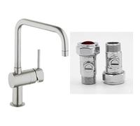 GROHE Minta Kitchen Tap (U-spout, 360° Swivel Range, 46 mm Ceramic Cartridge), Supersteel, 32488DC0 & UK Tap Adaptors 129473