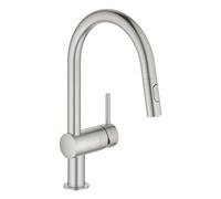 GROHE Minta - One Lever Kitchen Mixer Tap with Pull-Out Shower Head (2 Spray Options, High C-Spout, 360° Swivel Range, 46 mm Ceramic Cartridge, Easy to Install), Size 379 mm, Supersteel, 32321DC2