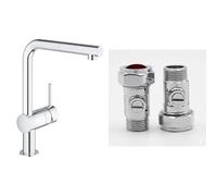 GROHE Minta - Pull Out Kitchen Sink Mixer Tap (Monobloc Installation, L-spout, 360° Swivel Range, Pull-Out Spray Head, 46 mm Ceramic Cartridge), Size 329 mm, Chrome, 32168000 & UK Tap Adaptors 129473