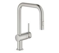 GROHE Minta - Single Lever Kitchen Mixer Tap with Pull-Out Spray (2 Spray Options, High U-Spout, 360° Swivel Range, 46 mm Ceramic Cartridge, Easy to Install, Tails 3/8 Inch), Supersteel, 32322DC2