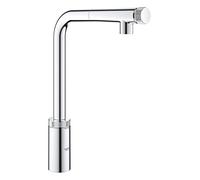 GROHE Minta SmartControl - Kitchen Tap with Pull-Out Spray Head (High L-Spout t, 140° Swivel Range, Metal Spray Magnetic Docking, Push for ON-OFF, Temperature Tuning, Tails 3/8 Inch), Chrome, 31613000