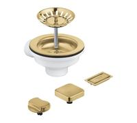 GROHE Pop-Up Waste Set for One-Bowl Kitchen Sink (with 2 Remote Control Knobs: Round & Square, Overflow Cover and Basket Strainer), Brushed Gold, 40996GN0