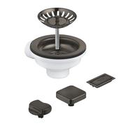 GROHE Pop-Up Waste Set for One-Bowl Kitchen Sink (with 2 Remote Control Knobs: Round & Square, Overflow Cover and Basket Strainer), Brushed Anthracite, 40996AL0