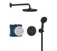 GROHE Precision - Concealed Shower System with Thermostat for 2 Outlets (Integrated Shut Off/Diverter Valve, Head Shower 25cm, Hand Shower 2 Sprays 11cm, Hose 1.5m, Round Trim), Matt Black, 348832430