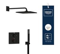 GROHE Precision Cube - Concealed Shower System with 2 Outlets Thermostat (31 cm Cube Head Shower Mono Rain Spray, Cube Stick Hand Shower 1 Spray, Shower Hose 1.5 m, Square Trim, Matt Black, 348812430