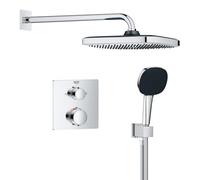 GROHE Precision Cube - Concealed Shower System with 2 Outlets Thermostat (Cube 25 cm Head Shower 1 Spray and 11 cm Hand Shower 2 Sprays, Hose 1.5 m, Square Trim), Chrome, 34882000