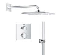 GROHE Precision Cube - Concealed Shower System with 2 Outlets Thermostat (Cube 31 cm Head Shower Mono Rain Spray and Stick Hand Shower 1 Spray, Hose 1.5 m, Square Trim, Chrome, 34881000