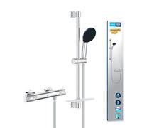 GROHE Precision Feel - Exposed Thermostat Shower Set (Round 11 cm Hand Shower 3 Sprays: Rain, Jet & Massage, Shower Hose 1.75 m, Rail with Tray 60 cm, Safety Functions, Water Saving), Chrome, 34791001