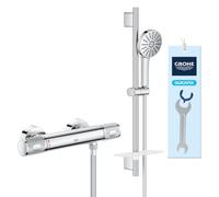 GROHE Precision Feel Exposed Thermostatic Cooltouch Shower Bar Valve with Vitalio Joy+ 12cm 3 Spray Shower Slider Rail 60cm Kit Set in Chrome Finish