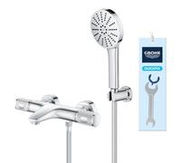 GROHE Precision Feel Exposed Thermostatic Cooltouch Shower/Bath Filler with Vitalio Joy+ 12cm 3 Spray Hand Shower Set and Wall Holder in Chrome Finish