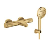 GROHE Precision Feel Exposed Thermostatic Cooltouch Shower/Bath Filler with Vitalio Joy+ 12cm 3 Spray Hand Shower Set and Wall Holder in Gold Finish