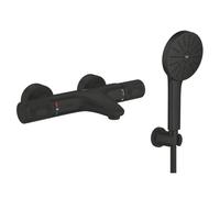 GROHE Precision Feel Exposed Thermostatic Cooltouch Shower/Bath Filler with Vitalio Joy+ 12cm 3 Spray Hand Shower Set and Wall Holder in Matt Black Finish