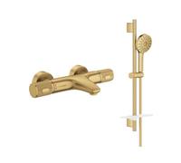 GROHE Precision Feel Exposed Thermostatic Cooltouch Shower/Bath Filler with Vitalio Joy+ 12cm 3 Spray Shower Slider Rail 60cm Kit Set in Gold Finish