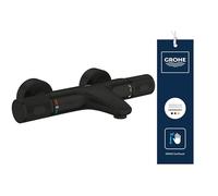 GROHE Precision Feel - Wall Mounted Exposed Thermostatic Cooltouch Bath Mixer (Diverter Bath/Shower, Knurl Grip, Safety Button at 38°C, EcoButton, Metal Escutcheon), Matt Black, 347882430