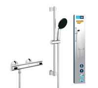 GROHE Precision Flow - Exposed Thermostatic Shower Set (Round 11 cm Hand Shower 1 Sprays: Rain, Shower Hose 1.75 m, Shower Rail 60 cm, Safety Functions, Water Saving), Chrome, 34800001