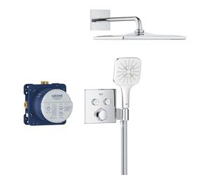 GROHE Precision SmartControl - Concealed Shower System with 2 Valves Thermostat (Mono 31 cm Cube Head Shower, SmartActive 13 cm Cube Hand Shower 3 Sprays, Hose 1.5 m, Square Trim), Chrome, 34876000