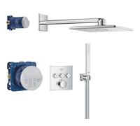 GROHE Precision SmartControl - Concealed Shower System with 3 Valves Thermostat (31cm Head 2 Sprays, Shower Outlet Elbow with Holder, Hand Shower 1 Spray, Hose 1.5m, Square Trim), Chrome, 1072460000