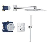 GROHE Precision SmartControl - Concealed Shower System with 3 Valves Thermostat (SmartActive 31cm Head Shower 2 Sprays, Cube Stick Hand Shower 1 Spray, Hose 1.5m, Square Trim), Chrome, 34875000