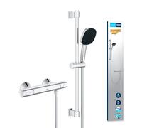 GROHE Precision Trend - Exposed Thermostat Shower Set (Square 11 cm Hand 3 Sprays: Rain, Jet & Massage, Hose 1.75 m, Rail 60 cm, Safety Functions, Water Saving), Chrome, 34237003