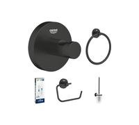 Grohe QuickFIx Bathroom Accessories 4 in 1 Set & QuickGlue A2 (Robe Hook, Towel Ring, Toilet Brush Set, Toilet Roll Holder Without Cover, 4 Syringes with Glue and 4 Adapters), Black Matt