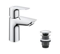 GROHE QUICKFIX Start Edge - Bathroom Basin Mixer Tap with Push Open Pop-Up Waste Set (Metal Lever, 28 mm Ceramic Cartridge, Energy and Water Saving, Tails 3/8 Inch), Size 147 mm, Chrome, 23900001