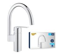 GROHE QUICKFIX Start - Kitchen Sink 1 Lever Mixer Tap (High C-Spout, 150° Swivel Area, 1-Hole Installation, 35 mm Ceramic Cartridge, Tails 3/8 Inch, QuickMount Included), Size 339 mm, Chrome, 30469000