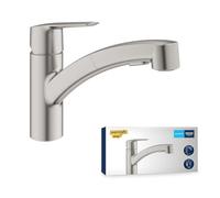 GROHE QUICKFIX Start - Kitchen Sink Pull-Out Dual Spray Tap Single-Lever Mixer (Low Spout with 90° Swivel Area, 1 Hole Easy Install with QuickMount, Tails 3/8 Inch, Min. 1.0 bar), Supersteel, 30531DC1