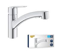GROHE QUICKFIX Start - Kitchen Sink Tap Mixer with Pull-Out Dual Spray (Low Spout with 90° Swivel Area, 1-Hole Easy Install with Fast Fixation, Requires Min 1.0 Bar, Tails 3/8 Inch), Chrome, 30531001