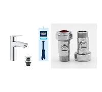 GROHE QUICKFIX Start - Wash Basin Mixer Tap with Click-Clack Push Waste Set (Metal Lever, Easy to Install, Includes 3-in-1 Tool), Size 192 mm, Chrome, 24204002 & UK Tap Adaptors 129473