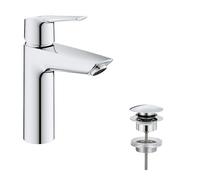 GROHE QUICKFIX Start - Wash Basin Mixer Tap with Click-Clack Push Waste Set (Metal Lever, Water Saving Technology, Easy to Install, Includes 3-in-1 Tool, Tails 3/8 Inch), Size 192 mm, Chrome, 24204002
